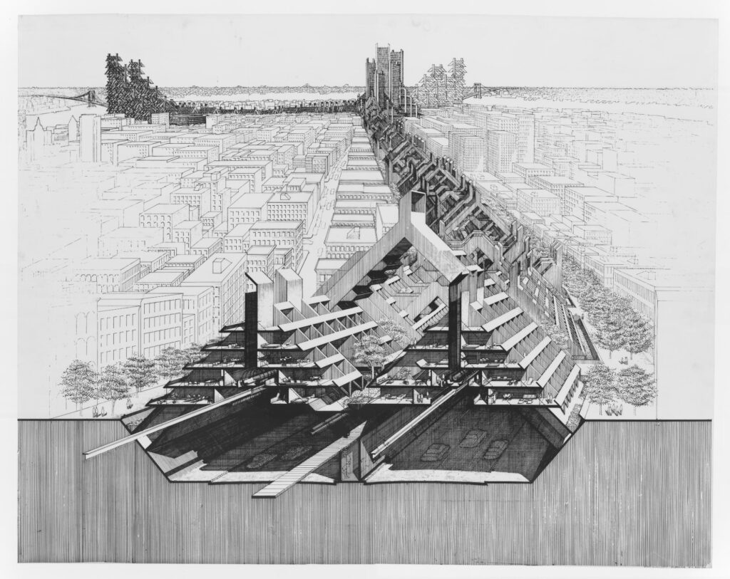 Rendering of Lower Manhattan Expressway (LOMEX), Cross Section, 1967. Paul Rudolph